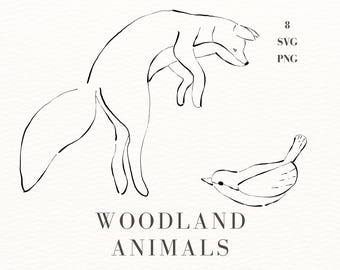 Woodland Animals Line Art SVG, Cute Fox, Bunny, Birds, Squirrel Clipart, Line Art Cute Animals Illustrations, Line Drawing Woodland PNG