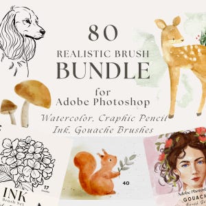 May include: An image showcasing an 80-piece realistic brush bundle for Adobe Photoshop. The bundle includes watercolor, graphic pencil, ink, and gouache brushes. The image features illustrations of a dog, deer, squirrel, mushrooms, and flowers.