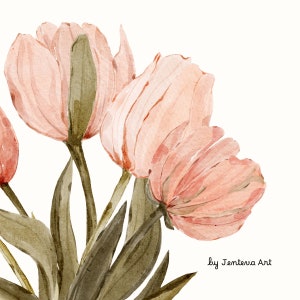 Puede incluir: Pintura acuarela de tulipanes rosas con tallos y hojas verdes. La pintura est&aacute; firmada "by Jentervia Art" en la esquina inferior derecha.