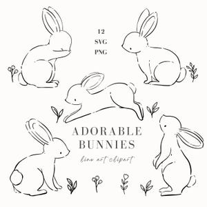 Line Art Bunny SVG, Cute Rabbit and Floral SVG, Adorable Bunnies Outline, Floral Clipart, Line art Animal PNG, Hand Drawn Bunny Illustration
