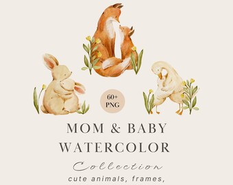 Watercolor Mom & Baby Woodland Animals Clipart Bundle, Forest Animal Collection, Nursery Frames, Patterns, Numbers (62 PNG)