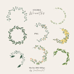 K&ouml;nnte beinhalten: Eine digitale Sammlung von 8 Blumenkr&auml;nzen mit verschiedenen gr&uuml;nen Blattmotiven und gelben Bl&uuml;tenakzenten. Der Text 8 FLORAL Wreaths, PNG, und Min Size 1882x2025px by JentevaArt ist auf dem hellbeigen Hintergrund zwischen den Illustrationen zu sehen.