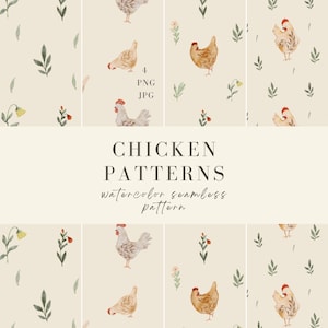 Watercolor Chicken Seamless Pattern, Farm Animals Digital Paper (4 PNG, JPEG, Digital Download)