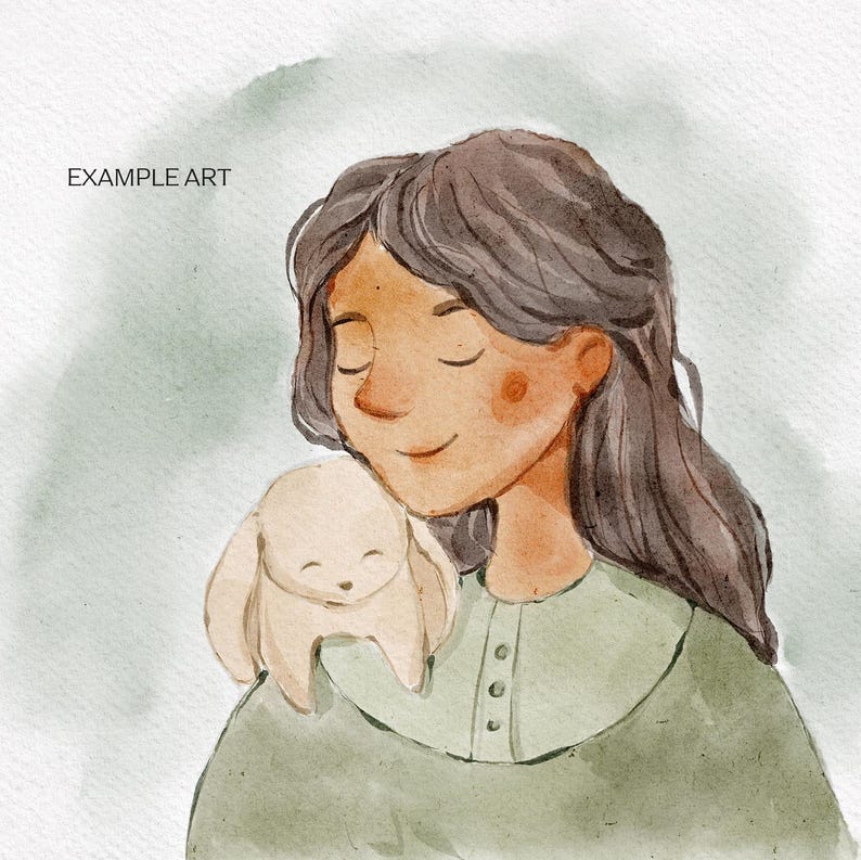 Pode incluir: Uma ilustra&ccedil;&atilde;o em aquarela de uma pessoa jovem com cabelo castanho comprido, vestindo uma camisa verde, segurando um pequeno animal de pel&uacute;cia branco. A pessoa tem os olhos fechados e est&aacute; sorrindo.