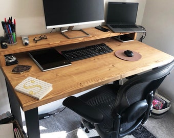 Industrial Solid Wood Desk with Monitor Shelf/Riser