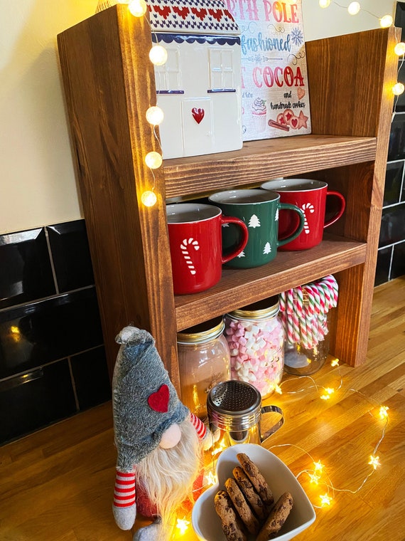 Hot Chocolate Station House Mini Wooden Shelving Unit Sustainable Solid  Wood Different Finish Colour Options Festive Christmas Treat 