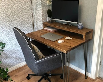 Ashford Rustic Reclaimed Style Desk with Monitor Shelf with Hairpin Legs