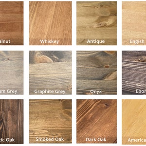 May include: A grid of wood samples showcasing various stains. Colors range from light to dark, including Walnut, Whiskey, Antique, English Oak, Belgium Grey, Graphite Grey, Onyx, Ebony, Rustic Oak, Smoked Oak, Dark Oak, and American Oak.