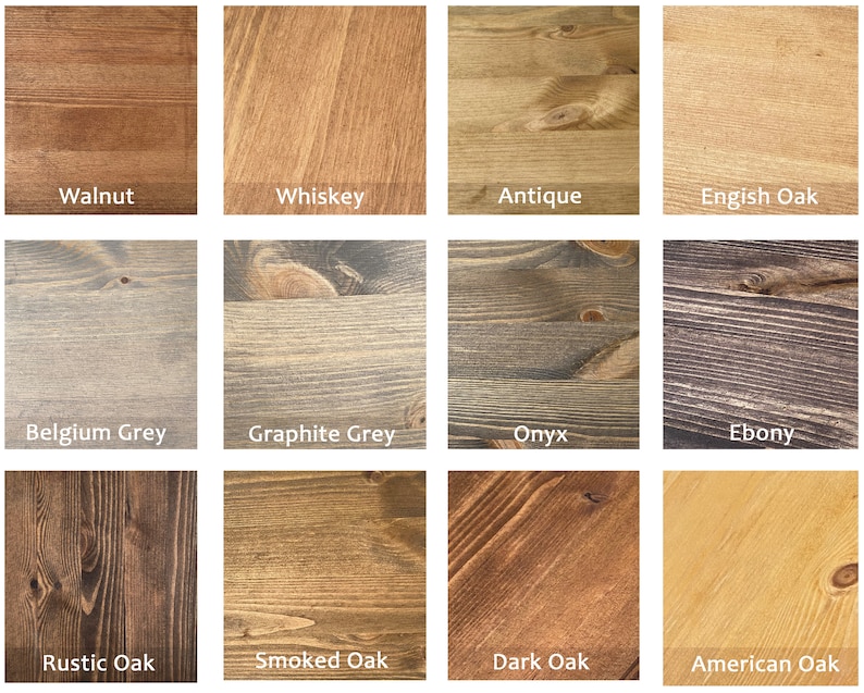 May include: A grid of wood samples showcasing various stains. Colors range from light to dark, including Walnut, Whiskey, Antique, English Oak, Belgium Grey, Graphite Grey, Onyx, Ebony, Rustic Oak, Smoked Oak, Dark Oak, and American Oak.