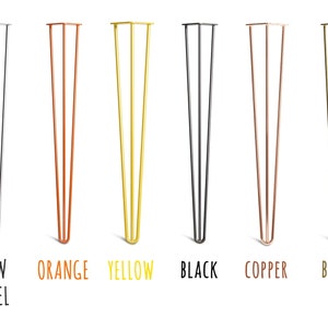 May include: A collection of hairpin table legs in various colors, including red, white, raw steel, orange, yellow, black, copper, brass, pastel green, and clear coat. Each leg is made of three metal rods and has a hairpin shape. The color names are written below each leg.