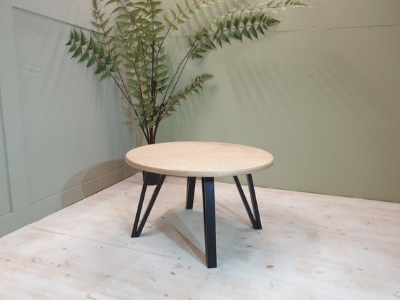 Round Birch Plywood Coffee Table 70cm Black Chunky Hairpin Legs