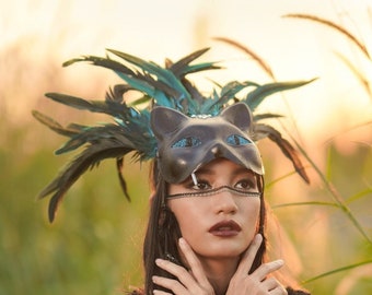 Black Panther Feather Headpiece / Music Festival Headwear / Burning Man Outfit / Costume Feather Headpiece