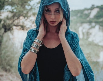 CYAN SEPRENT Poncho Hooded Kimono Cape Burning Man Alchimist Gypsy Festival Clothing Kimono Cloak Boho futuristic scarf steampunk metallic