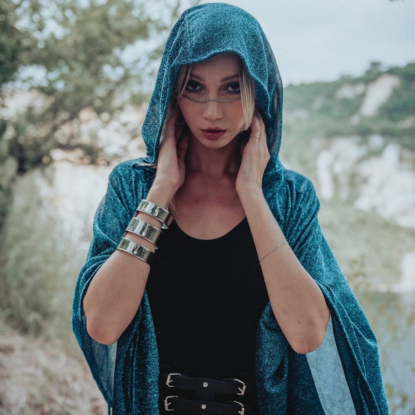 CYAN SEPRENT Poncho Hooded Kimono Cape Burning Man Alchimist Gypsy Festival Clothing Kimono Cloak Boho futuristic scarf steampunk metallic