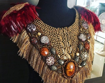 Tribal Native American Fringe Cape Fringe collar top chain back feather shoulder piece Burning Man Festival Rave