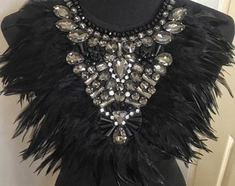 READY to SHIP Black Tribal Festival Feather Beaded Bejeweled Statement Collar Choker Necklace