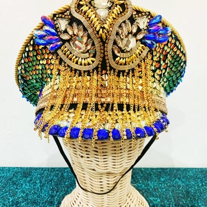 Gold Green Blue Dragonscale sequin Captain Hat Burning Man Hat with LEDs Festival Hat