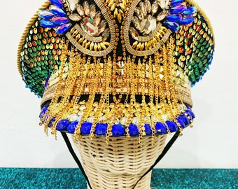 Gold Green Blue Dragonscale sequin Captain Hat Burning Man Hat with LEDs Festival Hat