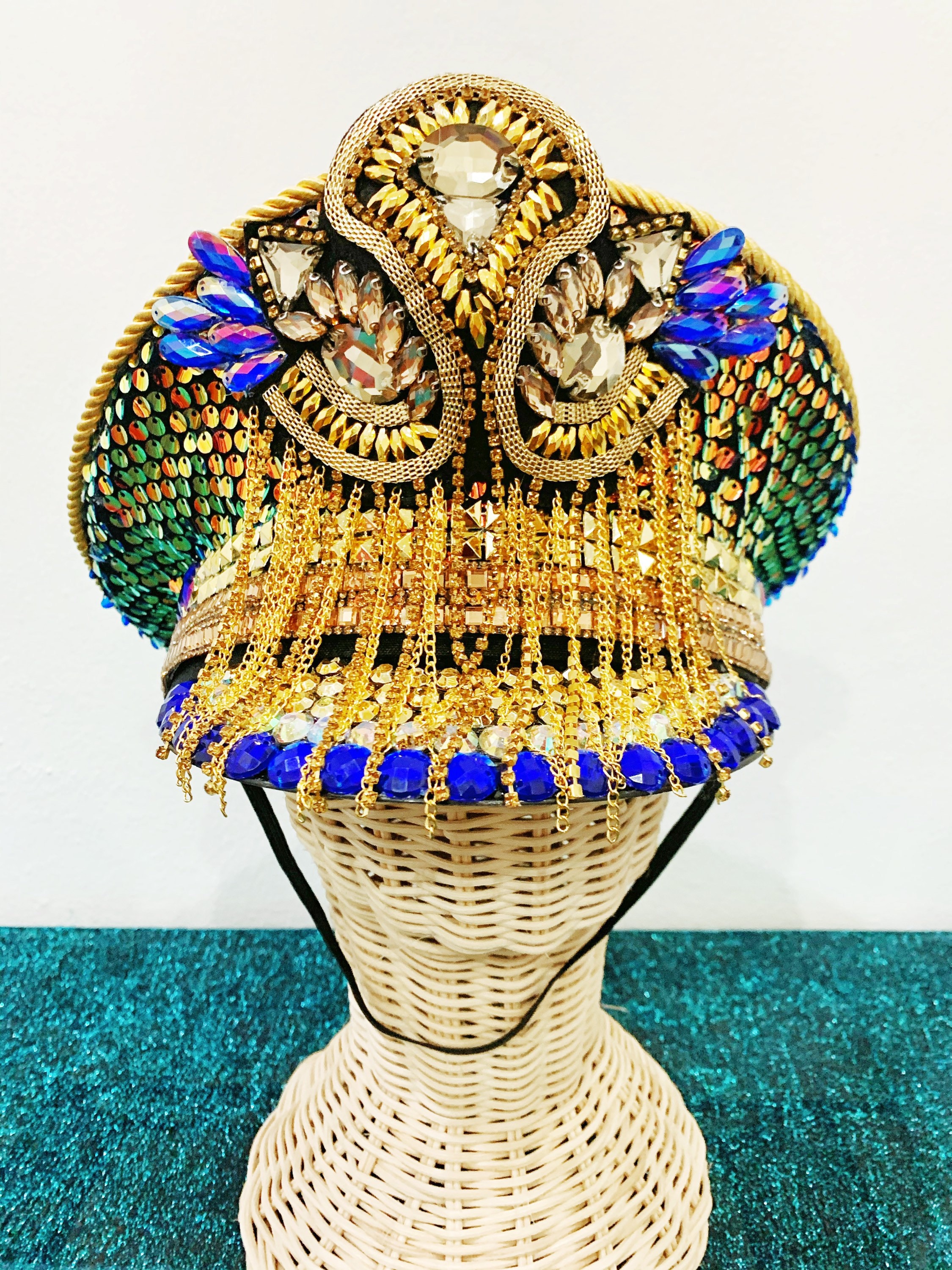 Steampunk Burning Man flip Sequin Captains Hat blue/gold Steampunk Burning Man Captain Tall Cap with Gold Chain  main image 4