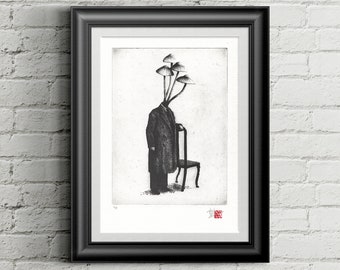 Original Monoprint by Neil Coombs 2016 Seated Woman and Frog Hand made unique print unframed Monotype Signed and Dated Orange and Black