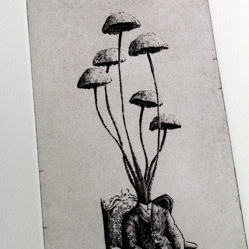 Black and white surrealist etching of a seated man in a suit with mushrooms growing from his head, creating a dreamlike botanical figure. Detailed fine art print with vintage engraving style, combining nature and human form. Contemporary surreal wall art, limited edition print signed by the artist, ideal for collectors of surrealism, mushroom art, dark academia decor, and unique modern gallery wall pieces.
