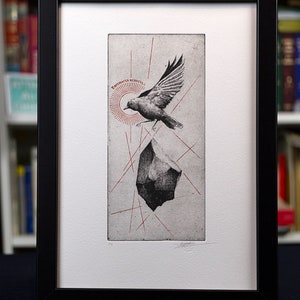 A etchingof a bird in mid-flight, passing over a solid floating rock, celebrating the essence of nature.