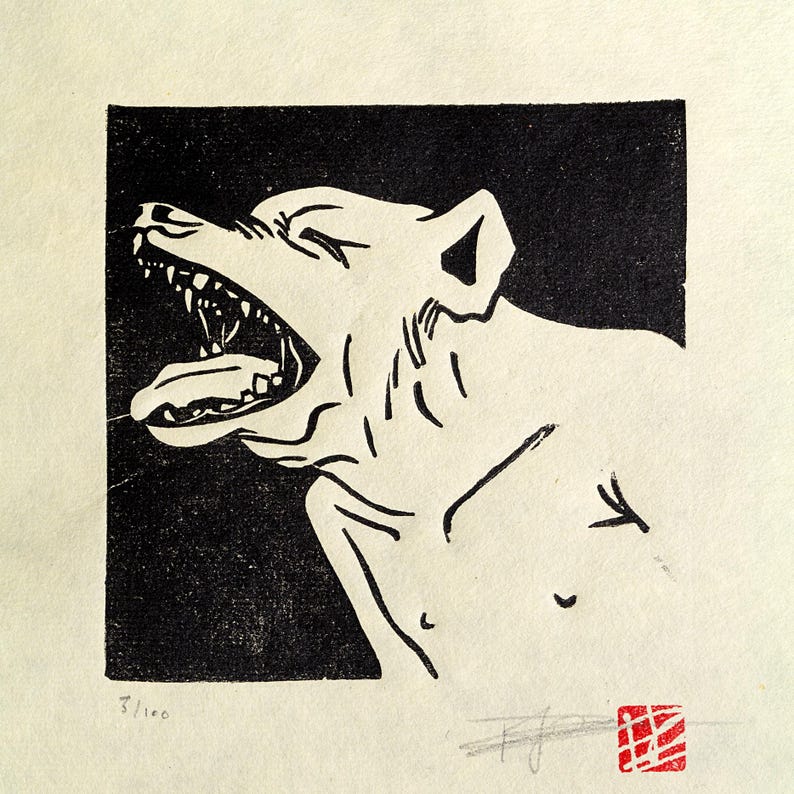 May include: Black and white woodcut print of a dog with its mouth open, showing its teeth. The dog is facing to the left and is set against a black background.