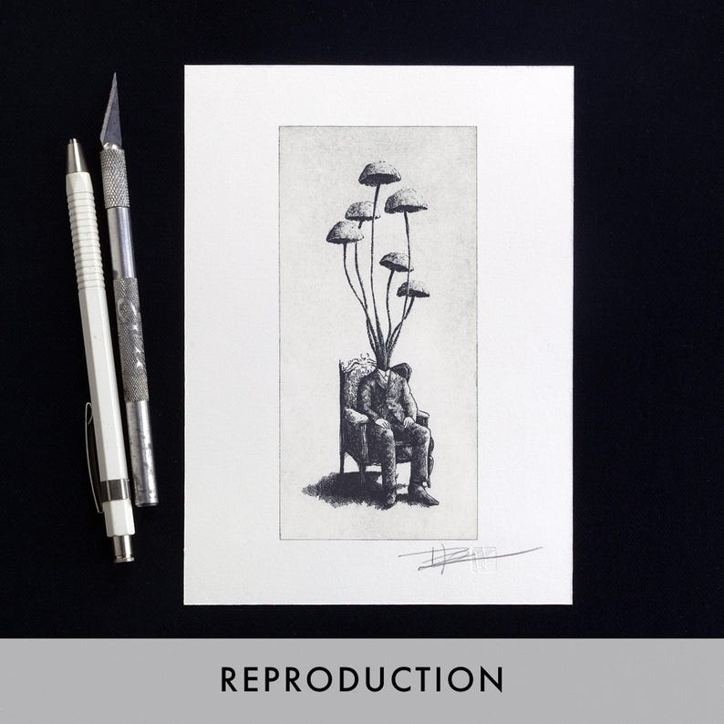 Black and white surrealist etching of a seated man in a suit with mushrooms growing from his head, creating a dreamlike botanical figure. Detailed fine art print with vintage engraving style, combining nature and human form. Contemporary surreal wall art, limited edition print signed by the artist, ideal for collectors of surrealism, mushroom art, dark academia decor, and unique modern gallery wall pieces.