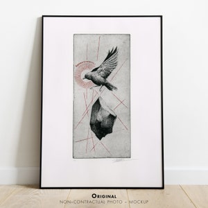 A etchingof a bird in mid-flight, passing over a solid floating rock, celebrating the essence of nature.