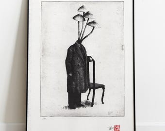 Wandbild | Originalgravur | Tierillustration | Surrealistischer Druck | Pilz