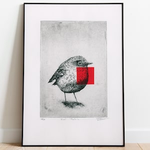 Original Surreal Etching | Limited Edition "The Red Robin" Fine Art Print | Signed Artwork for Wall Decor