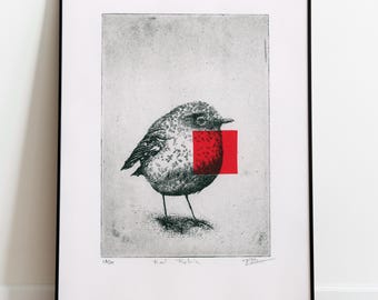 Originaler surrealistischer Kupferstich | Limitierte Auflage „Das Rotkehlchen“, signiert | Dekorative Wanddekoration