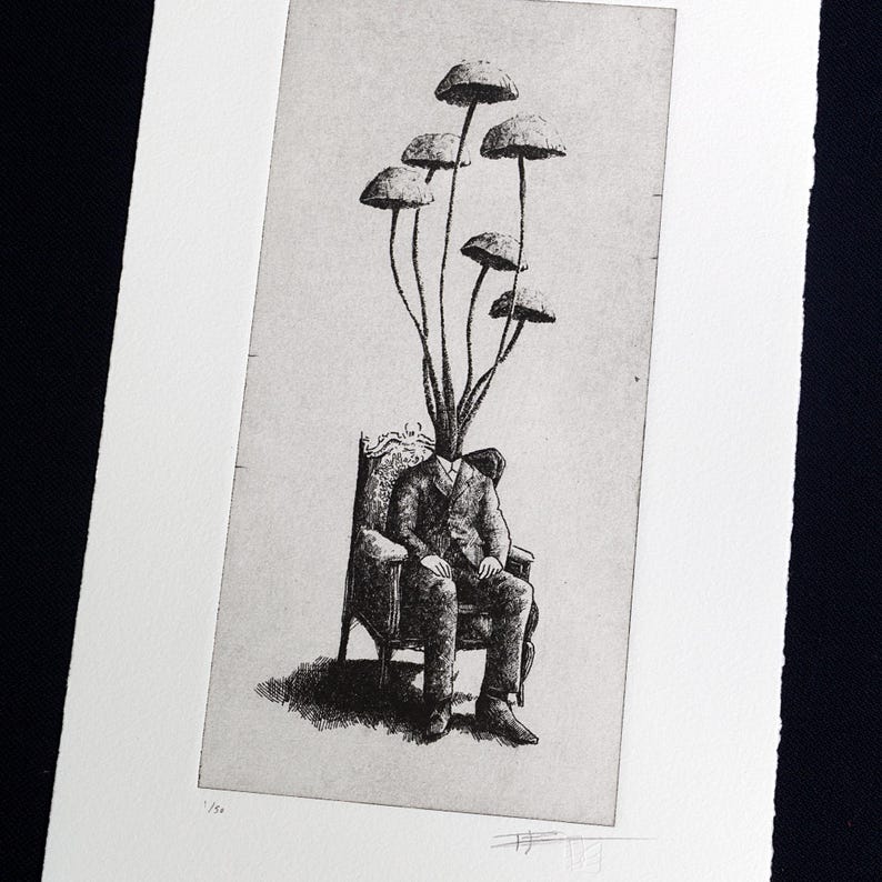 Black and white surrealist etching of a seated man in a suit with mushrooms growing from his head, creating a dreamlike botanical figure. Detailed fine art print with vintage engraving style, combining nature and human form. Contemporary surreal wall art, limited edition print signed by the artist, ideal for collectors of surrealism, mushroom art, dark academia decor, and unique modern gallery wall pieces.