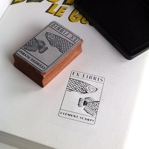 Custom BOOKPLATE  – Personalized EX LIBRIS gift Rubber Stamp – Wood-Mounted – Fish