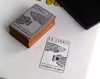 Custom BOOKPLATE  – Personalized EX LIBRIS gift Rubber Stamp – Wood-Mounted – Fish