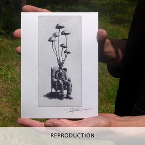 Black and white surrealist etching of a seated man in a suit with mushrooms growing from his head, creating a dreamlike botanical figure. Detailed fine art print with vintage engraving style, combining nature and human form. Contemporary surreal wall art, limited edition print signed by the artist, ideal for collectors of surrealism, mushroom art, dark academia decor, and unique modern gallery wall pieces.