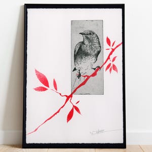 Stampa originale surrealista incisa | Edizione limitata "Bluebird" firmata | Arte decorativa da parete