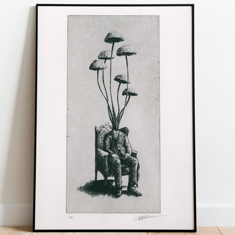 Black and white surrealist etching of a seated man in a suit with mushrooms growing from his head, creating a dreamlike botanical figure. Detailed fine art print with vintage engraving style, combining nature and human form. Contemporary surreal wall art, limited edition print signed by the artist, ideal for collectors of surrealism, mushroom art, dark academia decor, and unique modern gallery wall pieces.