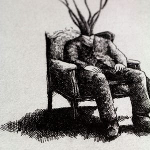 Black and white surrealist etching of a seated man in a suit with mushrooms growing from his head, creating a dreamlike botanical figure. Detailed fine art print with vintage engraving style, combining nature and human form. Contemporary surreal wall art, limited edition print signed by the artist, ideal for collectors of surrealism, mushroom art, dark academia decor, and unique modern gallery wall pieces.