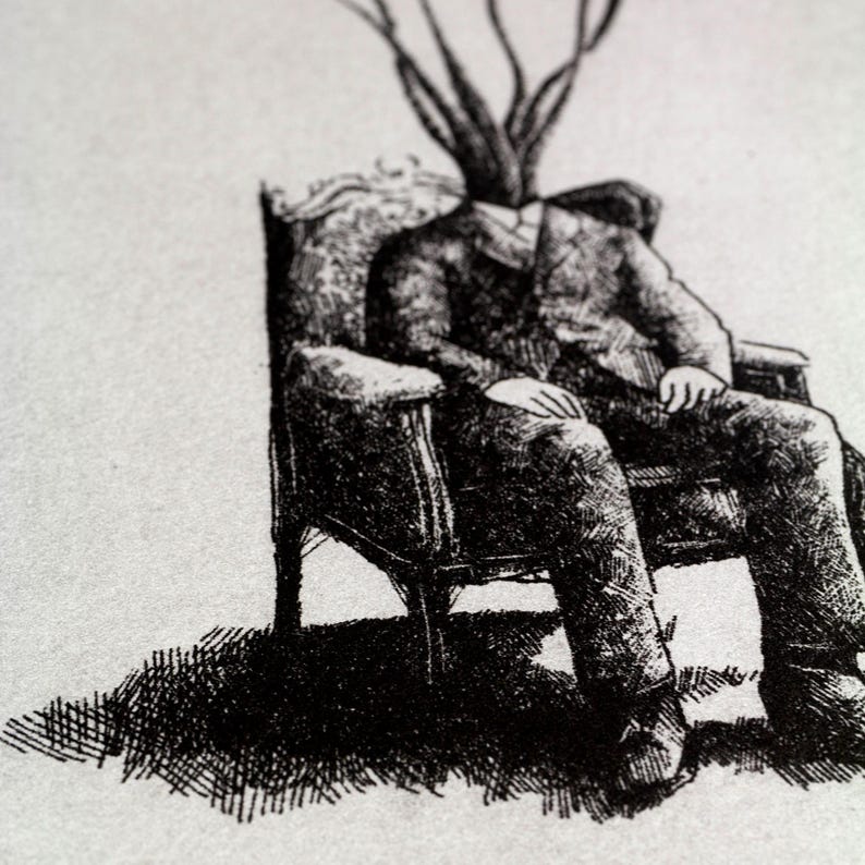 Black and white surrealist etching of a seated man in a suit with mushrooms growing from his head, creating a dreamlike botanical figure. Detailed fine art print with vintage engraving style, combining nature and human form. Contemporary surreal wall art, limited edition print signed by the artist, ideal for collectors of surrealism, mushroom art, dark academia decor, and unique modern gallery wall pieces.