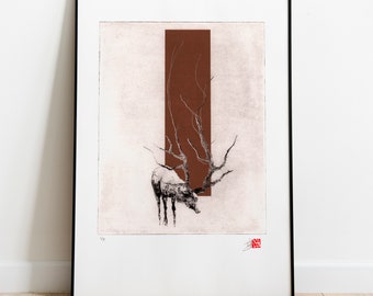 Gravure originale édition limitée / Estampe art / Taille douce / Le Cerf