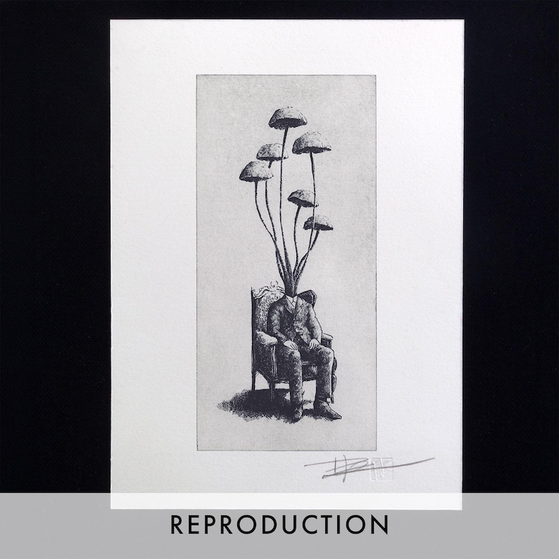 Black and white surrealist etching of a seated man in a suit with mushrooms growing from his head, creating a dreamlike botanical figure. Detailed fine art print with vintage engraving style, combining nature and human form. Contemporary surreal wall art, limited edition print signed by the artist, ideal for collectors of surrealism, mushroom art, dark academia decor, and unique modern gallery wall pieces.