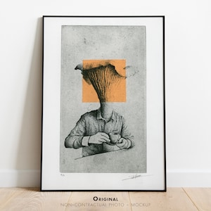 Original Etching / Limited edition fine art print / Intaglio / Coffee and Mushroom Orange