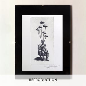 Black and white surrealist etching of a seated man in a suit with mushrooms growing from his head, creating a dreamlike botanical figure. Detailed fine art print with vintage engraving style, combining nature and human form. Contemporary surreal wall art, limited edition print signed by the artist, ideal for collectors of surrealism, mushroom art, dark academia decor, and unique modern gallery wall pieces.