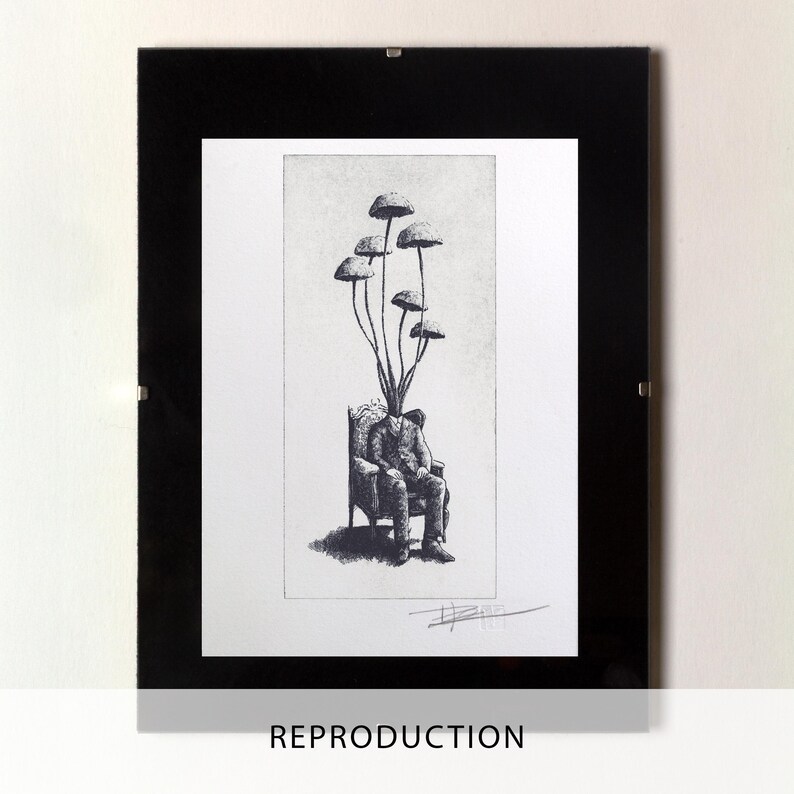 Black and white surrealist etching of a seated man in a suit with mushrooms growing from his head, creating a dreamlike botanical figure. Detailed fine art print with vintage engraving style, combining nature and human form. Contemporary surreal wall art, limited edition print signed by the artist, ideal for collectors of surrealism, mushroom art, dark academia decor, and unique modern gallery wall pieces.