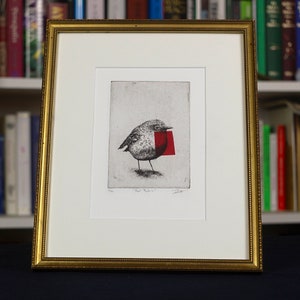 Original Etching with vintage frame / Limited edition fine art print / Intaglio / Bird - Red Robin