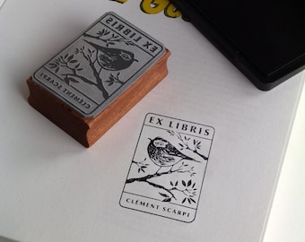 Custom BOOKPLATE  – Personalized EX LIBRIS gift Rubber Stamp – Wood-Mounted – BIrd