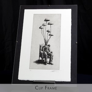 Black and white surrealist etching of a seated man in a suit with mushrooms growing from his head, creating a dreamlike botanical figure. Detailed fine art print with vintage engraving style, combining nature and human form. Contemporary surreal wall art, limited edition print signed by the artist, ideal for collectors of surrealism, mushroom art, dark academia decor, and unique modern gallery wall pieces.
