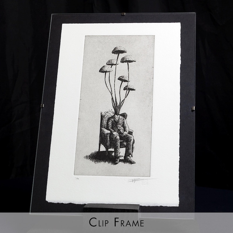 Black and white surrealist etching of a seated man in a suit with mushrooms growing from his head, creating a dreamlike botanical figure. Detailed fine art print with vintage engraving style, combining nature and human form. Contemporary surreal wall art, limited edition print signed by the artist, ideal for collectors of surrealism, mushroom art, dark academia decor, and unique modern gallery wall pieces.
