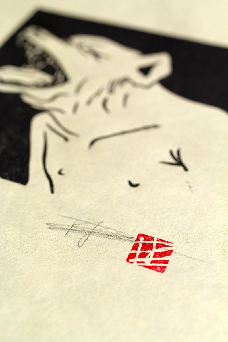 May include: Black and white illustration of a snarling dog with a red stamp in the lower right corner.